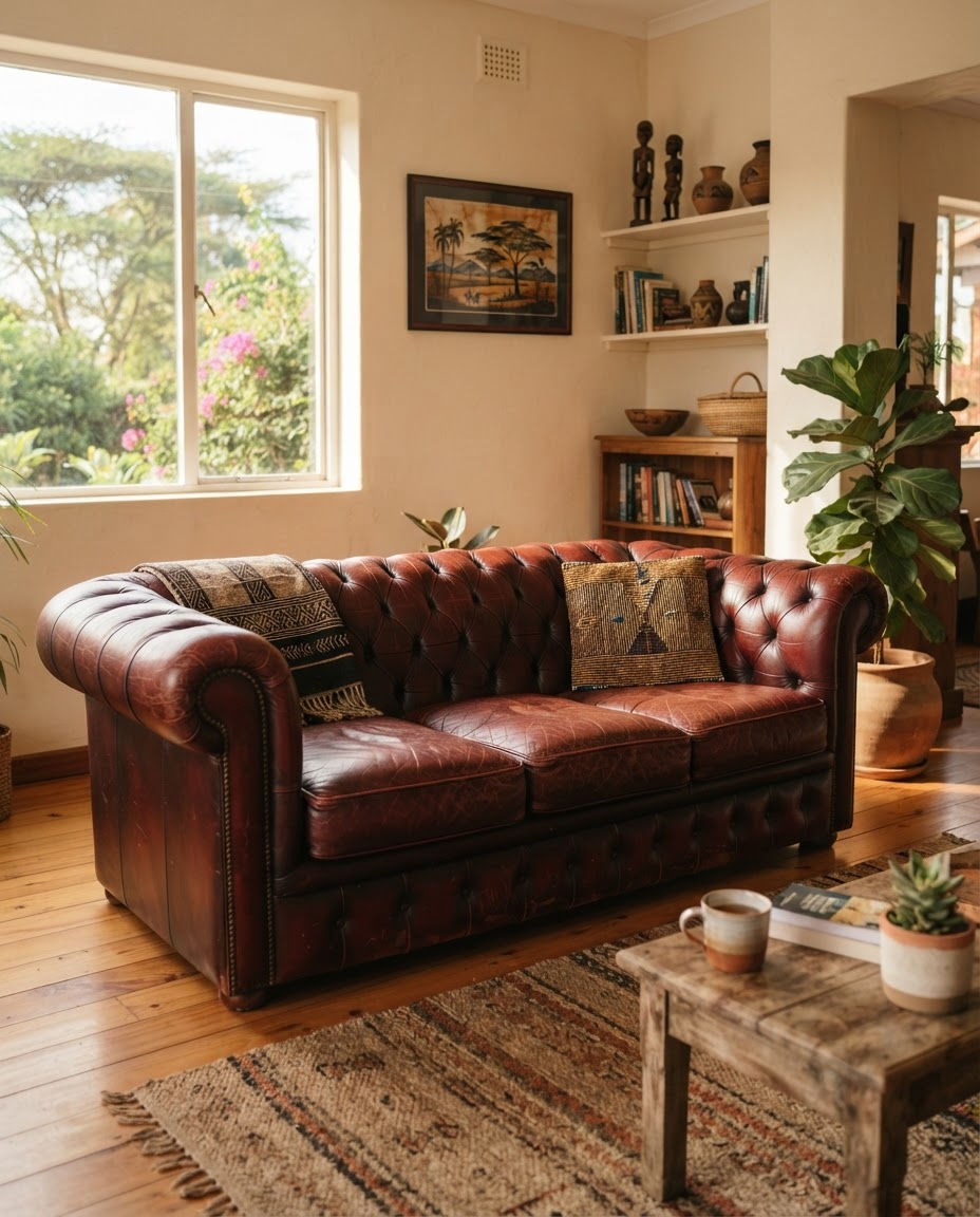 A leather Chesterfield in a Kenyan family home