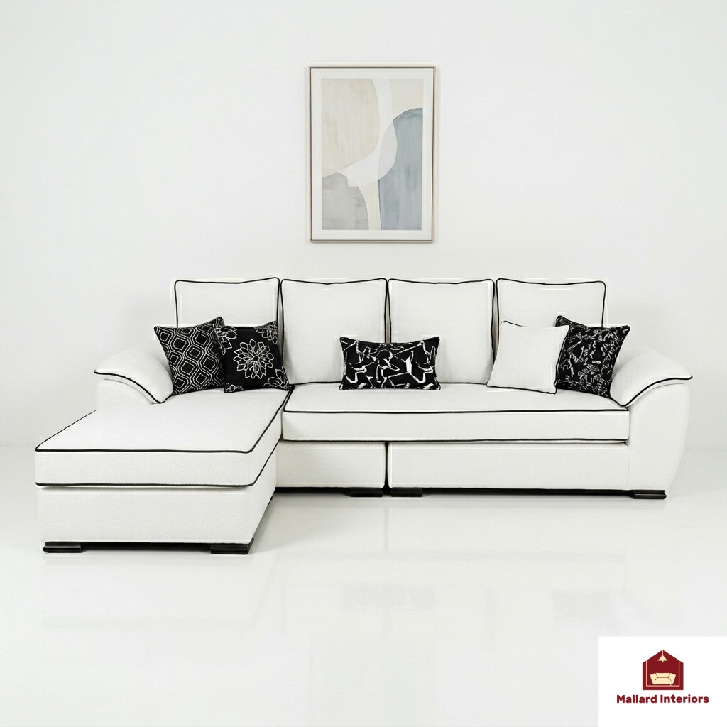 Ivory upholstery with ink piping