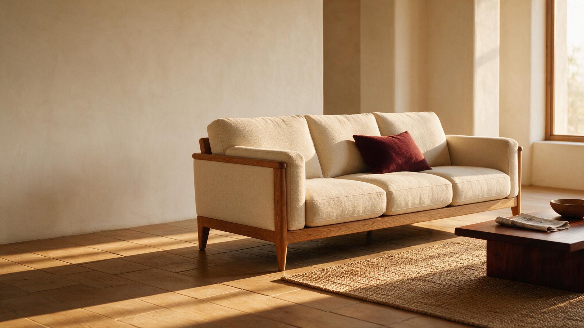A double height living room with a bouclé sectional