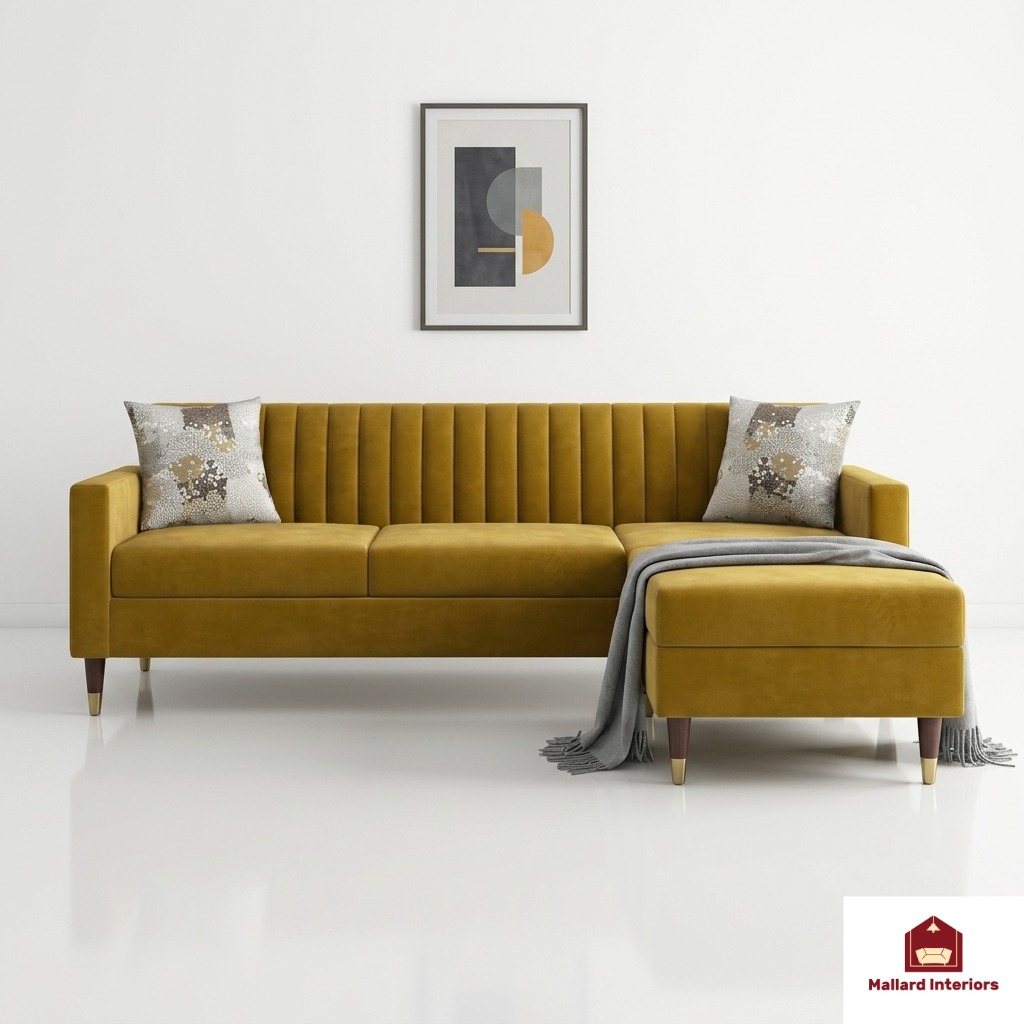 Detail of a Mallard sofa — ochre channel tufting